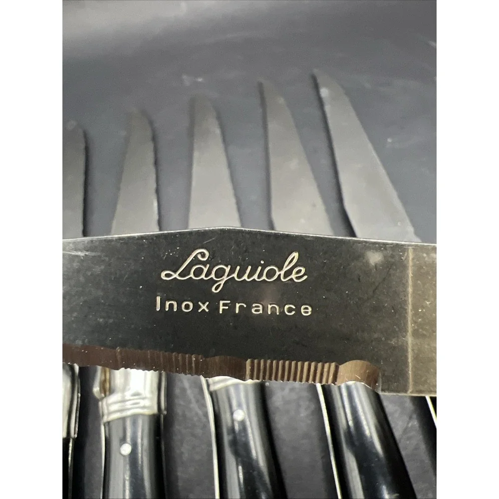 Jean Dubost Laguiole Steak Knives Set of 6 Black Handles Inox with Wooden Block